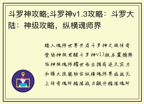 斗罗神攻略;斗罗神v1.3攻略：斗罗大陆：神级攻略，纵横魂师界